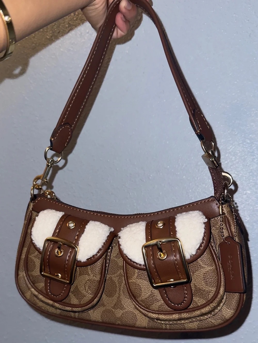 Coach Brown Signature Canvas Shoulder Bag with Shearling Buckle Accents